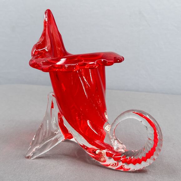 Set of 2 VTG Murano Sommerso Jack in Pulpit Cornucopia Red Clear Vase Japan 8" - Picture 11 of 16
